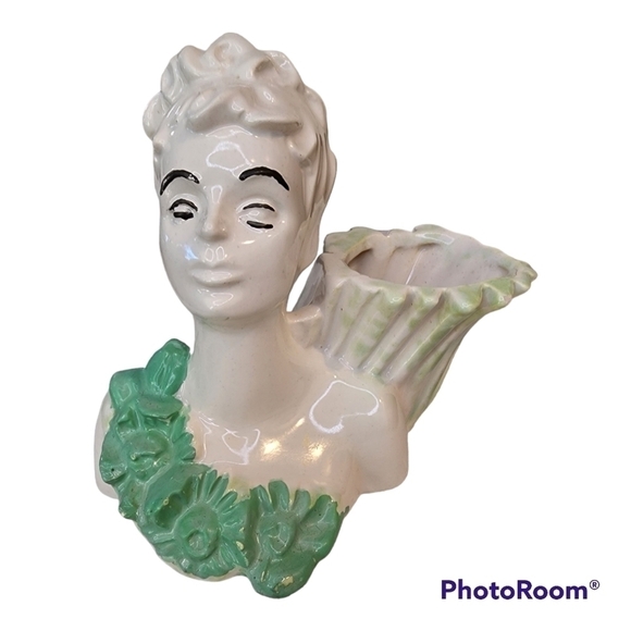 Haeger Head Vase Art Deco Mid Century Lady Bust Cornucopia Green White Vntg - Picture 1 of 10